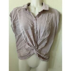Hearts Hips Mauve Cuffed Cap Sleeve Button Up Twist Front Women’s Top Size S